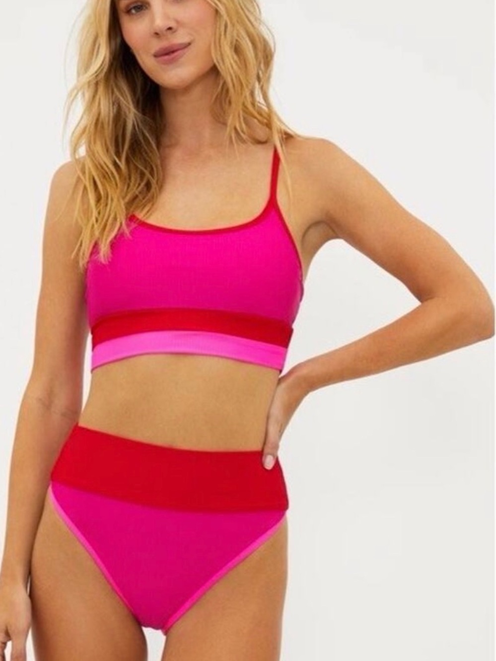 Beach Riot Hot Pink & Red Ribbed Crop Bikini Set